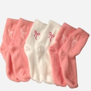 Cozy Fuzzy Socks Coral Pink and White Coquette Winter Socks with Bows Set Of 3